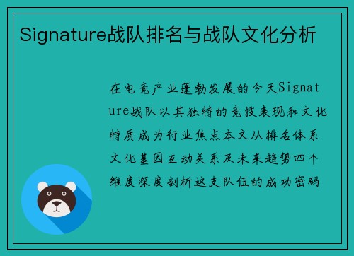 Signature战队排名与战队文化分析